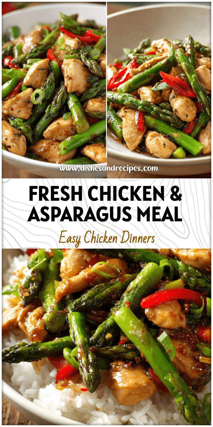 Colorful chicken and asparagus stir-fry served in a white bowl as a Healthy Dinner With Asparagus.